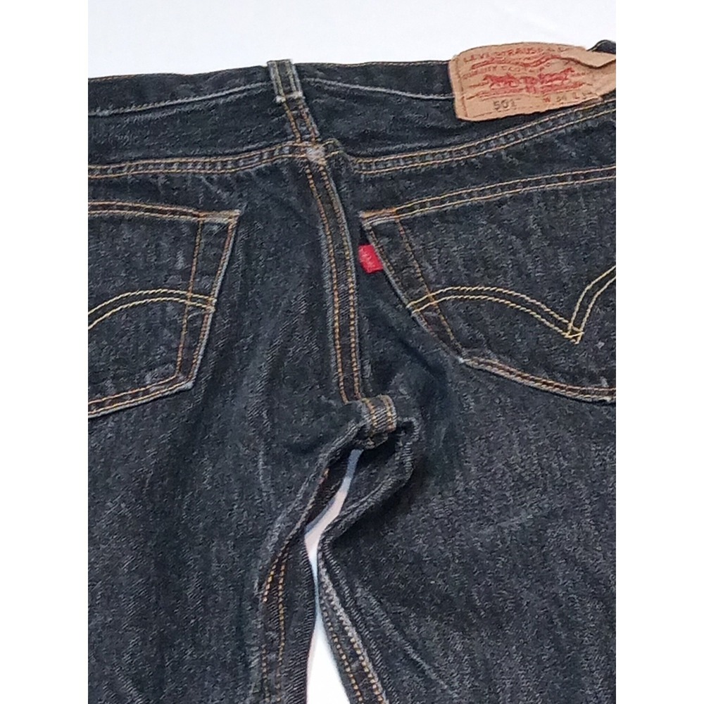 Levi'sโ 501 Jeans Mens 34x32 Black Button Fly Straight Distressed Denim - Picture 7 of 14